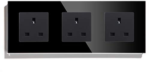 BSEED 13A Triple Power Socket, UK Standard Triple Socket with Glass Panel,3 Gang Unswitched Socket Black,228mm*86mm Screwless Wall Outlet