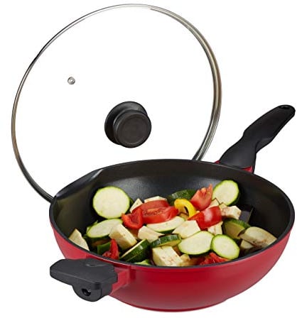 Relaxdays Wokpfanne mit Glasdeckel, 30 cm, Wok mit Antihaftbeschichtung, Gas- & Elektroherd, Griff, 4 Liter, rot/schwarz