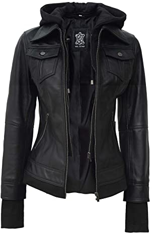 Fjackets Lederjacken für Damen – Abnehmbare Kapuze & Bomber Echtes Lammfell Lederjacke Damen, Betty Lederjacke mit Kapuze, Schwarz, M