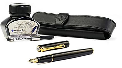 Diplomat Traveller Lack Schwarz Gold Füllhalter-Set, Füllhalter aus Metall im Set mit Stiftetui aus Leder, Schreibtinte in Königsblau und Tintenkonverter, Füller mit Edelstahlfeder Stärke M