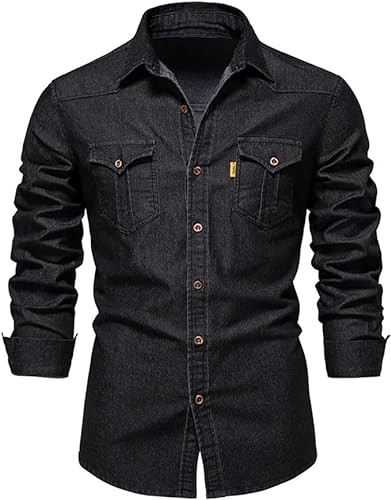 SSBZYES Chemises pour Hommes Chemises à Manches Longues pour Hommes Printemps Slim Fit Cardigan Chemises en Jean Couleur Unie Revers Tops Hauts pour Hommes Chemises pour Hommes