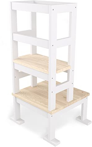 Sämann Küchenturm Lernturm für Kinder - höhenverstellbar 3 in 1 - Montessori Schemel aus Holz - Küchenhelfer Lernstuhl - Classic weiß, 92 x 45 cm | Basic