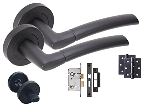 Golden Grace Indiana Bathroom Door Handles, Matt Black Finish | Includes mortise lock, thumbturns, spindle and matching screws for an all-in-one setup on interior doors.