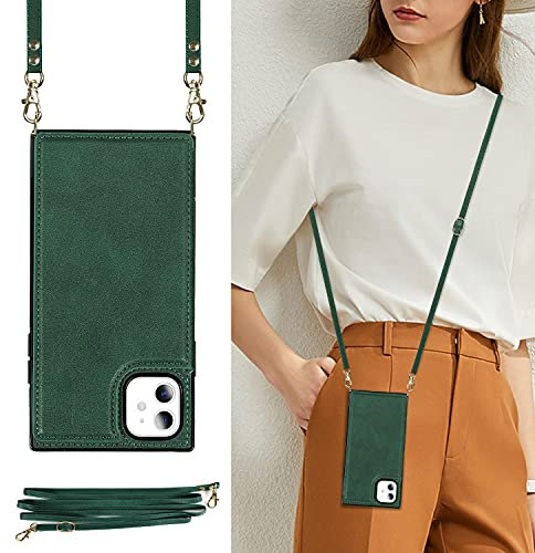 DEFBSC Compatible with iPhone 11 Case, Crossbody Wallet Case, Adjustable Detachable Lanyard Neck Strap with Kickstand Card Holder Premium Leather Protective Back Cover - Green