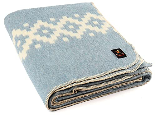 Dicke Alpaka-Wolldecke, schwere Alpaka-Wolle, Decke, Camping, Outdoor, Innenbereich, die in Twin Queen King Size Ethno Design (weiches Blau – Elfenbein, Kingsize) geliefert werden