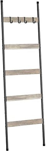 ELYKEN Blanket Ladder for Living Room, Farmhouse 5-Tier Quilt Holder with 4 Removable Hooks for Bathroom, Wood Towel Rack Display, Wall Anchor Leaning Decorative Stand for Home, White Oak