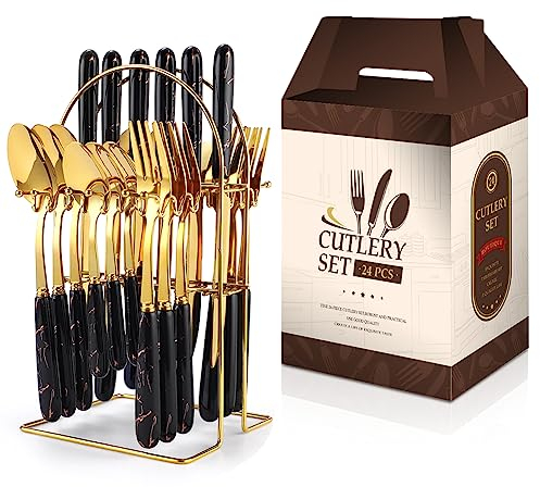 Cutlery Set, 24-Piece Home Safety Stainless Steel Silverware Set with Stand, Mirror Polishing Flatware Set Service for 6, Includes Knives, Forks, Spoons (Black-Gold)