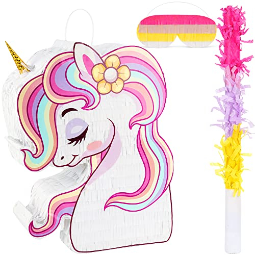 BIRCIHO Einhorn Pinata Bundle mit einer Augenbinde und Fledermaus (33 x19 x10cm), pinata geburtstag mädchen, perfekt für Geburtstagsparty Einhorn Thema Party, Dekoration