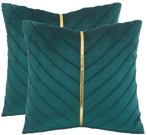 Tosleo 2 Stück Samt-Kissenbezüge mit Goldenem Leder Dekorative 55 x 55 cm Couch-Kissenbezüge Luxuriös Moderner Kissenbezug für Wohnzimmer Schlafzimmer Sofa Bett Pfauenblau