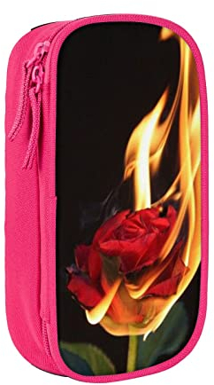 Federmäppchen Rose auf Feuer brennende Blumen-Federmäppchen, Reißverschluss, großes Fassungsvermögen, Schreibwaren-Organizer, tragbar für Jungen und Mädchen