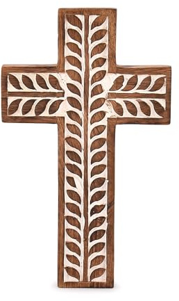 NIRMAN Mango Wood Religious Catholic Cross Wall Hanging Floral Carvings Living Room Home Décor for Entryway Office Living Room (10 x 6 x 0.75)