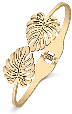 NEWEI Cute Palmenblätter Armband 18K Edelstahl Herbstblätter Manschette Armbänder Armreif Pflanze Schmuck Charms Zubehör Geschenke für Damen Mädchen (Palmblätter Gold)