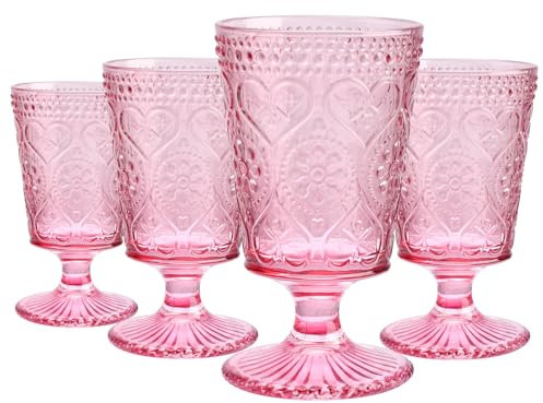 Pink Wine Glasses Set of 4-12 OZ Colored Glass Goblet Stemmed Vintage Chalices for Christmas, Party, Wedding, Anniversary