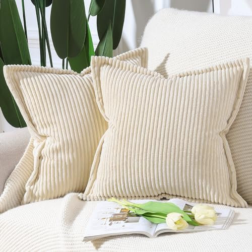 Madizz 2er Set Kordsamt Kissenbezug Gestreifte Kissenbezüge Breitseite Dekorative Strukturierte Wurfkissen für Sofa Schlafzimmer Kissenhülle Beige 60x60 cm