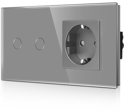 CNBINGO Interruttore della Luce Touch in Vetro e Presa Schuko da Incasso - Stato LED, Telaio in Vetro, 2 Scomparti Grigio