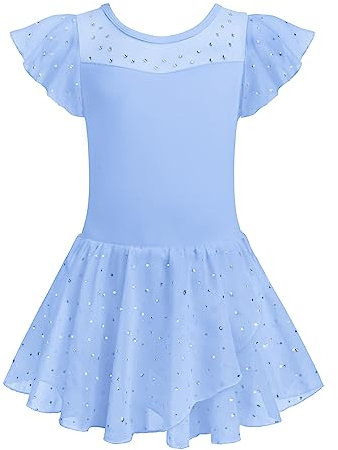 Arshiner Ballettkleidung Mädchen Gerüschte Kurze Ärmel Ballettkleid Tanzkleid Kinder Masche Ballettanzug Ballett Trikot Ballerina Kleid Balletttrikot Ballerina kostüm mit Rock Tütü Blau 160