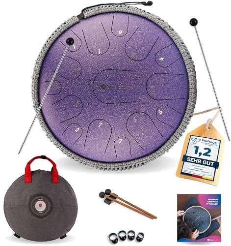 Sonodrum Zungentrommel Premium C - Dur in Lila - 35 cm groß mit 15 Tönen - Steel Tongue Drum inkl. Liederbuch, Schlägel, Fingersticks und Tragetasche - Notenlesen nicht nötig, einfach zu spielen.