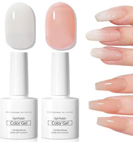 Milky White Nude Gel Nail Polish Set, Jelly White Nude Gel Polish Kit, 2Pcs Clear Translucent French Manicure Gel Polish, 7.3ML Each UVLED Soak Off Gel Polish for Women Nail Art DIY