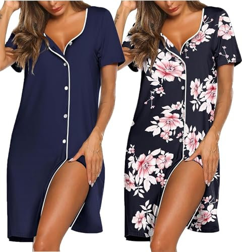 Ekouaer 2 Pièces Chemise de Nuit en Coton à Manches Courte pour Femmes Vêtements de Nuit Boutonnée Devant S