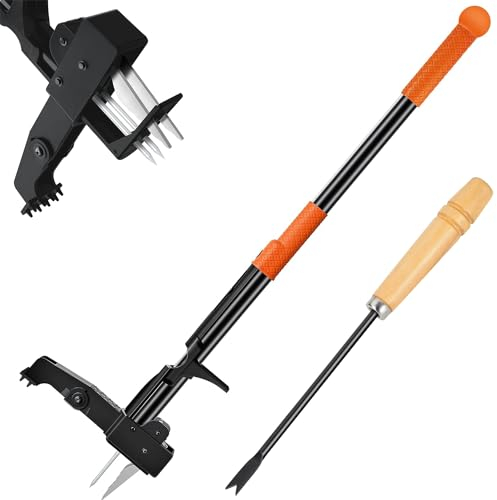 FANRENQI Stehendes Unkrautstecher-Werkzeug-40 Neuer Langstiel-Unkrautstecher mit Mini-Wurzelstecher mit 4-Pfoten-Edelstahl-Klauen und leicht klappbarer Fußplatte,Aluminium-Griff