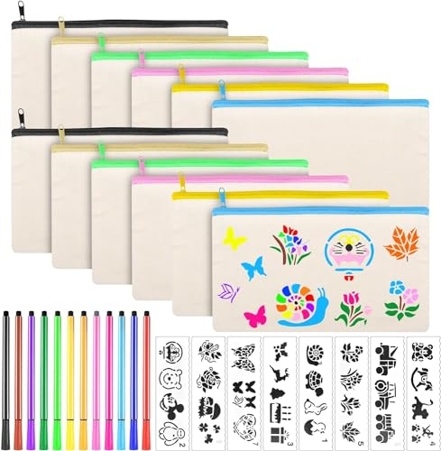 FGen 32 pcs DIY Vierge Pochette Tissu,12 x 21cm Pochette Tissu Zippée,12 Trousses en Toile à Peindre,12 Pinceaux Colorés,8 Modèles de Peinture,pour Voyage Activités en Classe