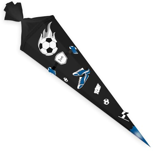 itenga Bastelschultüte Schultüte Bastelset EASY Fussball - Schultütenrohling 85cm mit Dekoset Fussball- Zuckertüte eckig (blau weiss - Tüte schwarz)