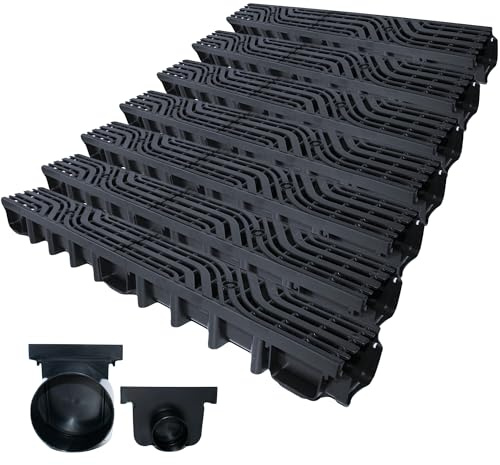Entwässerungsrinne Belastungsklasse B125 12,5 Tonnen, 63mm/98mm/148mm Gußrost komplett SET Wellenmuster (7m 98mm + 2 Stirnwände) | 45,86€ pro meter