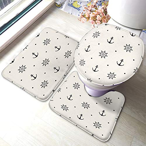 rutschfeste 3 Badteppich Set Polka Dot Mit Ankern Und Rädern Retro Muster Badgarnitur Badematten Waschbar Weiche Wc-Deckelbezug, Für Dusche, Wc-Sitz Bezug