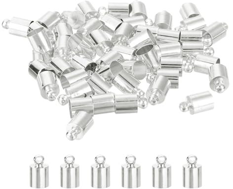 sourcing map 50Pcs Leather Cord End Caps, 6mm OD Column Barrel Terminators for DIY Making Leather Bracelets Tassels, Silver Tone