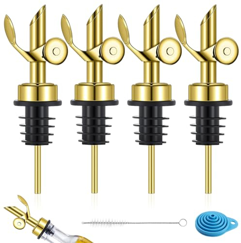 GZLFH 4 vertedores para botellas con cepillo de limpieza y embudo de silicona, vertedor de licor para aceite de oliva, vinagre líquido, vino, jarabe (dorado con tapa)