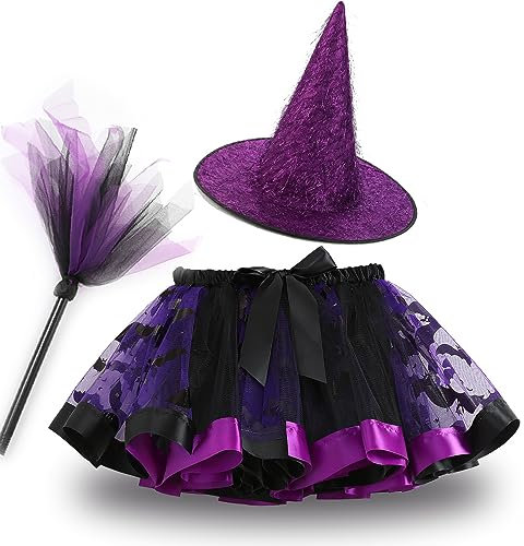 Veroda Halloween Outfits Witch Costumes Tutu Skirt Hat Witch Broom for Kids Girls Halloween Fancy Dress Cosplay Costume (Purple, L(Height:110-125cm))