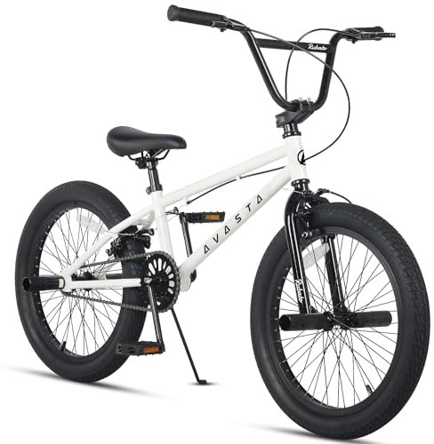 AVASTA 20 Inch Freestyle Youth BMX Bicycle Big Kids Boys Girls Teenager Bike for Age 6 7 8 9 10 11 12 13 14 Years Old Teen Adult and Beginner-Level Rider with 4 Peg, White