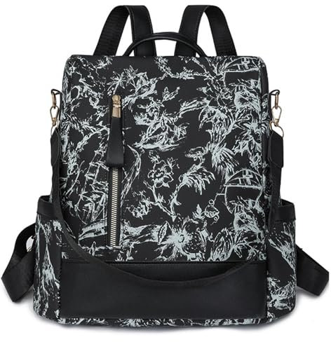 Rucksack Damen Wasserdichte Anti Diebstahl Schulrucksack Umhängetasche, Mode Cityrucksack Tagesrucksack für Schule Reisen Arbeit Einkauf (Druck Schwarz)