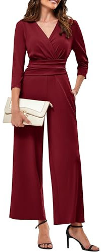JASAMBAC Casual Jumpsuits Women,Wide Leg Evening Jumpsuit 3/4 Length Sleeves Festival Outfit Wedding Guest Outfits One Piece Ruched Wrap V Neck&High Waist Romper Party Jumpsuits