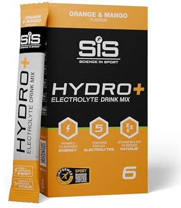 Science in Sport Hydro+ Electrolytes Powder Sachets with 5 Essential Electrolytes and Added Vitamins C, B6, and B12 for Hydration Drink | Orange Mango, Pack of 6 Sachets