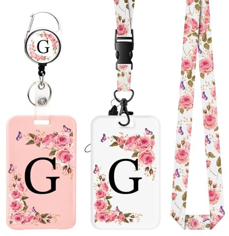 2 Pack Porta Badge con Lettere A-Z, Cordino Rimovibile e Clip Retrattile, Porta badge da collo personalizzato per donne infermiere insegnanti studenti Ufficio (G)
