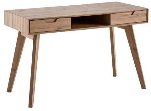 Bureau avec 2 tiroirs et pieds en chêne, avec compartiment de rangement ouvert, design scandinave, table de travail pour la maison et le salon, 120 x 55 x 77 cm, résine