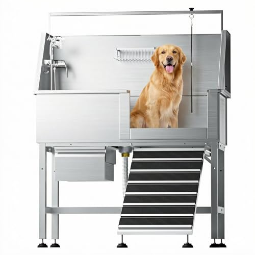Tzechkii Professional 46 Dog Washing Station, Stainless Steel Dog Bathing Station, Height Adjustable Dog Wash Station, Storage Drawer, Upgrade Parts, Home, Commercial (Right Ramp)
