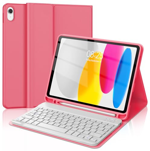 WAVATA Funda con Teclado para iPad 10ª Generación 2022/ A16 11 Pulgadas 2025, Teclado Bluetooth Desmontable para iPad 10.9 Pulgadas A2696/A2777/A2757, Español– Rosa Oscuro