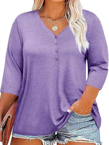 Fisoew Damen Große Größen Bluse 3/4 Ärmel Blusenshirt Tiefer V-Ausschnitt T-Shirt mit Knopf Oversized Tunika Shirts