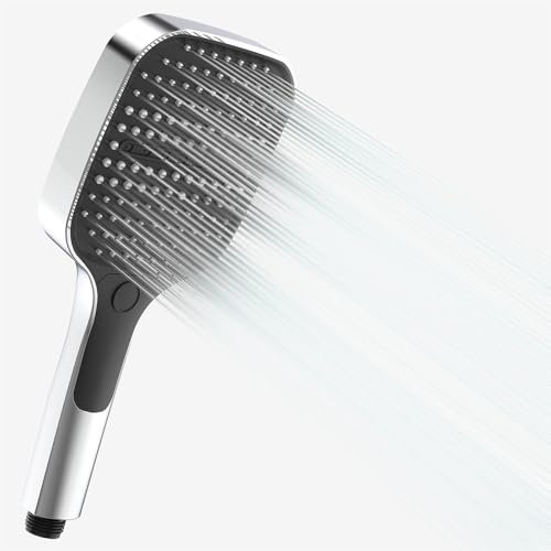 HONBOO Duschkopf, Duschkopf Groß mit 3 Strahlarten, Hochdruck Handbrause Gross, Eckige Duschbrause, Handbrause Dusche, Wassersparend Duschbrause, Chrom
