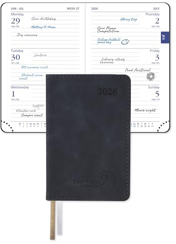 POPRUN Mini Taschenkalender 2026 A7 Wochenansicht 12 x 8 cm Palmformat Slimline Kalender 26 Wochenplaner mit 70 g/m² Papier, PU-Leder Softcover (Schwarz)