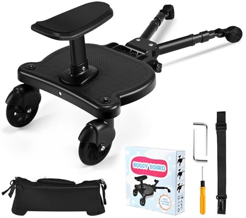 JoyCushy Patin Carro Bebe Universal con Asiento,Buggy Board para niños con bolsa,Diseño estable de dos ruedas, con correa de suspensión,Accesorio para cochecito para niños de 2 a 6 años (25 kg),negro