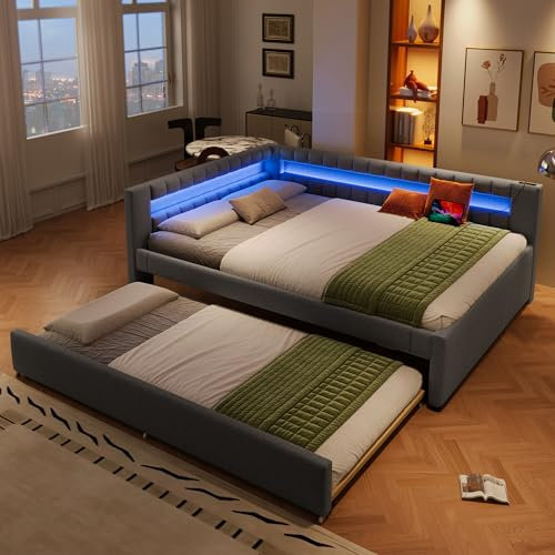 Oxtao Polsterbett 140x200cm, LED-Lichtleiste mit Fernbedienung am Ende des Bettes, Bett mit Ausziehbett, USB + Type-C, Ohne Matratze, Leinen (Grau mit Rollbett, 140x200CM)