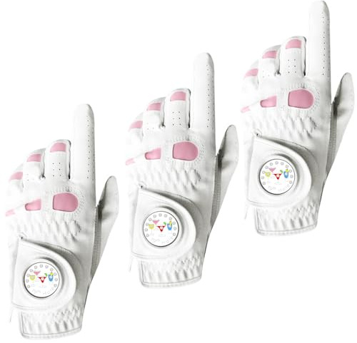 AXKAL Damen-Golfhandschuh für Linkshänder, Rechtshänder, Leder, mit Ballmarker, Vorteilspackung (nicht im Paar), langlebig, weich, gute Griffigkeit, Passform, S, M, L, XL (Rosa, S, links)