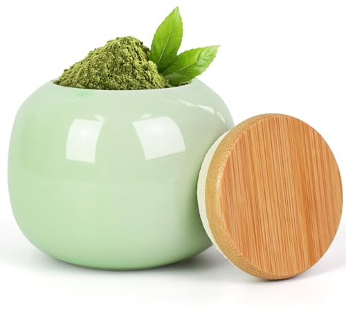 Artcome Ceramic Matcha Powder Jar with Bamboo Lid, Matcha Powder Container for Kitchen & Tea Lovers, Storage Container for Matcha Powder & Tea Leaf, Airtight & Stylish for Matcha Powder Storage | Ideal for Kitchen & Tea Lovers, Storage Container for Matcha Powder & Tea Leaf, Airtight & Stylish for Matcha Powder Storage