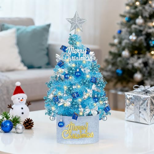 BLOSMON Mini Christmas Tree with Lights: 2ft/60cm Small Blue Christmas Tree for Table Top DIY Decorations - Artificial Xmas Trees with Timer 50 LEDs 56 Ornaments for Desk Fireplace