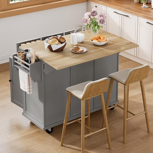 Mobile Kitchen Island with Wheels Exble Dining Table Kitchen Cabinet with Trash Bin & Drawers Perfect for Kitchen & Dining Room (Gray)