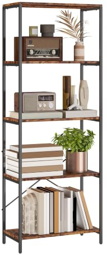 HOMCOM Bücherregal, 5 Ebenen, Metallrahmen, 79x35x161 cm, Rustikal-Braun | Industrielles Büroregal, Offenes Aufbewahrungsregal, Standregal, für Wohnzimmer, Büro, Arbeitszimmer