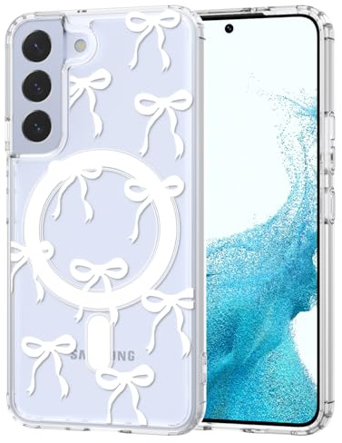 TVVTPU Magnetisch Hülle für Samsung Galaxy S22 Kompatibel mit MagSafe, Aesthetic Schleifen Muster Handyhülle Nie Vergilbung Dünne Transparent Hard PC Rückseite Stoßfest Kratzfest Case, Weiß